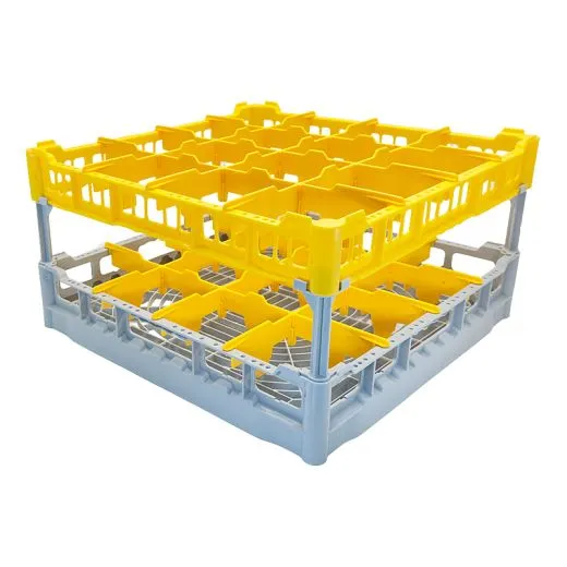 FriesRack Glserkorb 50x50 cm - Typ LH-4x4 - stabiles, graues Glserrack fr 16 Glser mit gelbem Toprahmen. Ideal fr sicheren Glastransport, Splen und Einsatz in Catering, Hotel und Messegastronomie.
