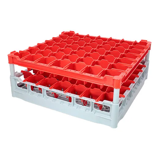 FriesRack Glserkorb 50x50 cm - Typ C-7x7 - stabiles graues Glserrack mit rotem Toprahmen fr sicheren Glastransport, perfekt fr Gastronomie und Catering.