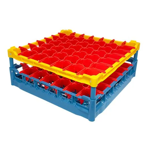 FriesRack Glserkorb 50x50 cm - Typ C-7x7 - stabiles blaues Glserrack mit gelbem Toprahmen fr sicheren Glastransport, perfekt fr Gastronomie und Catering.