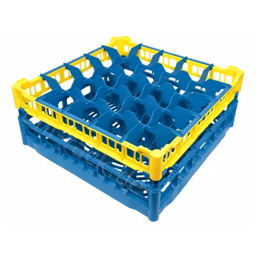 FriesRack System 500 - Clixrack Gl�sersp�lkorb mit Korbgr��e 50x50 cm Typ NH-5x5 - stabiles blaues Gl�serrack mit gelbem Toprahmen f�r sicheren Glastransport, perfekt f�r Gastronomie und Catering.