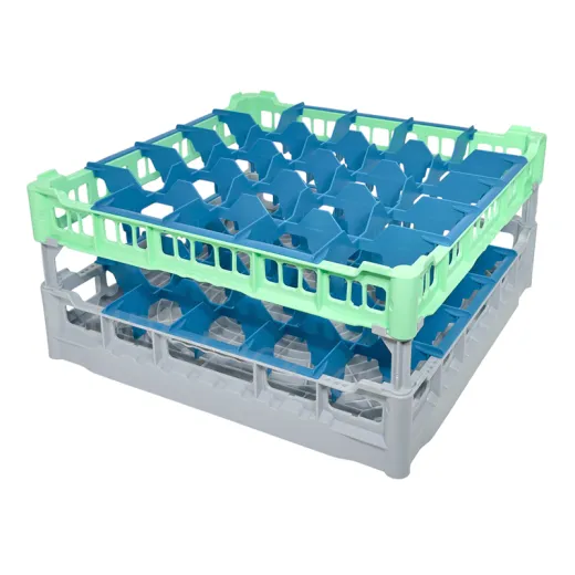 FriesRack System 500 - Clixrack Gl�sersp�lkorb mit Korbgr��e 50x50 cm Typ MH-5x5 - stabiles graues Gl�serrack mit gr�nem Toprahmen f�r sicheren Glastransport, perfekt f�r Gastronomie und Catering.