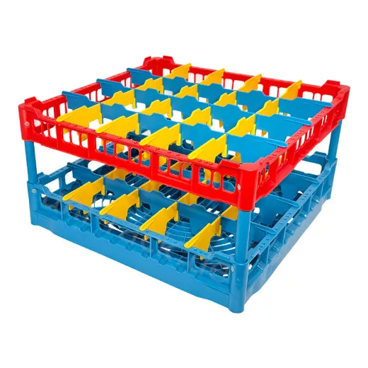 FriesRack Glserkorb 50x50 cm - Typ CH-4x5 - stabiles blaues Glserrack aus der Serie Custom mit rotem Toprahmen fr sicheren Glastransport, perfekt fr Gastronomie und Catering.