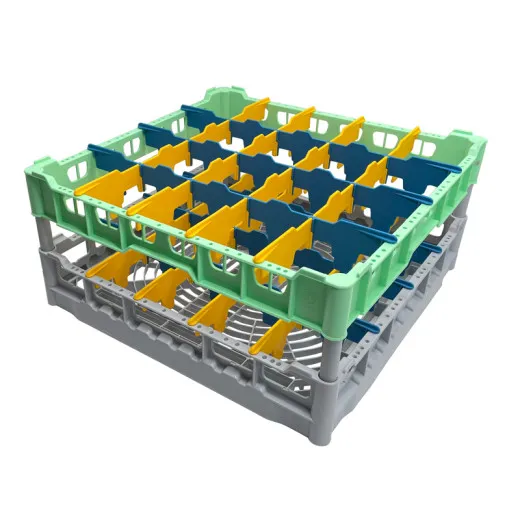 FriesRack Glserkorb 50x50 cm - Typ CH-4x5 - stabiles graues Glserrack aus der Serie Custom mit grnem Toprahmen fr sicheren Glastransport, perfekt fr Gastronomie und Catering.