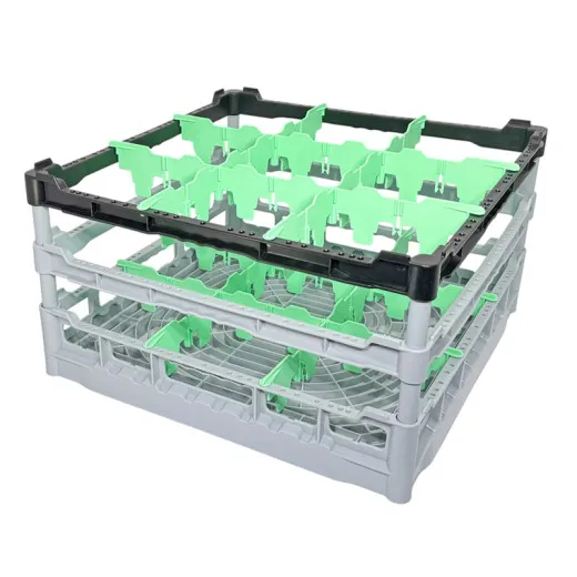FriesRack System 500 Korb Typ D-3x3 Glaeserkorb mit Korbgroesse 50x50 cm. Ideal fuer grosse Rotweinglaeser, geeignet fuer Profi Glaeserspuelmaschinen. Stapelbarer grauer Spuelkorb fuer optimale Glaeserlogistik bei Catering, Events und Gastronomie.