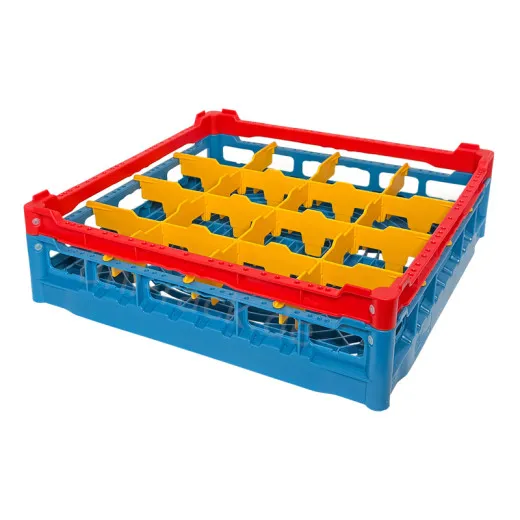 FriesRack Glserkorb 50x50 cm - Typ B-4x4 - stabiles blaues Glserrack aus der Serie Custom mit rotem Toprahmen fr sicheren Glastransport, perfekt fr Gastronomie und Catering.