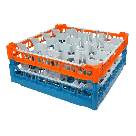 FriesRack Glserkorb 50x50 cm KH-20 - stabiles, blaues Glserrack fr 20 Glser mit orangenem Toprahmen. Ideal fr sicheren Glastransport, Splen und Einsatz in Catering, Hotel und Messegastronomie.