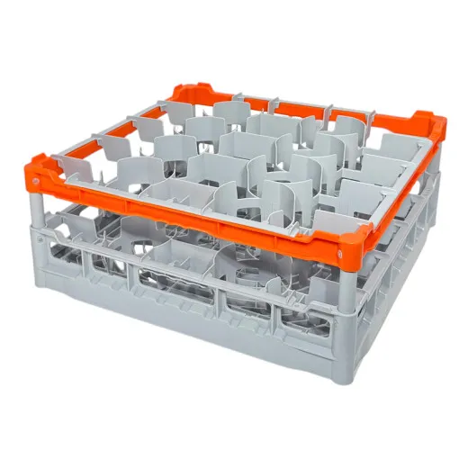 FriesRack System 500 Glserkorb Typ C-20 – graues Glserrack mit orangefarbenem Toprahmen, stapelbar und lebensmittelecht. Ideal fr bis zu 20 grovolumige Glser mit  90–98 mm und 140–160 mm Hhe – passend fr Rotweinglser und B