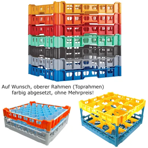 Beispiel f�r hochwertige Gl�serk�rbe aus dem FriesRack System mit optional farblich abgesetzten Toprahmen - ideal f�r Gastronomie, Hotels und Catering. Perfekt zur Organisation und schnellen Identifikation.
