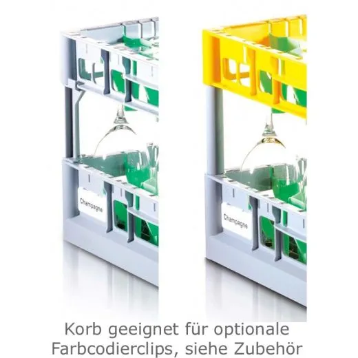 Beispiel f�r Fries Gl�serk�rbe mit optionalem Zubeh�r, wie farbigen Farbcodierclips, auch mit Beschriftung. Optimale Identifikation und bessere Organisation. Ideal f�r Gastronomie, Hotels und Catering!