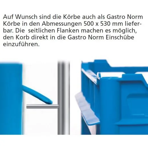 Detailansicht eines FriesRack-Korbs mit seitlichen F�hrungsflanken f�r den direkten Einschub in Gastro Norm Schienensysteme. Optionales Ma�: 500�530 mm f�r kompatible GN-Einsch�be.
