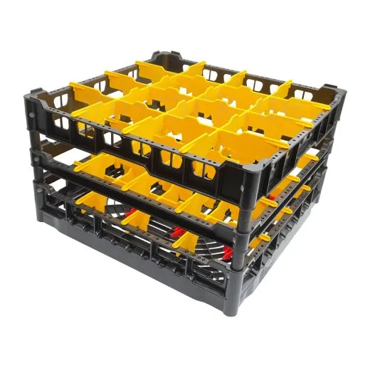 FriesRack Glserkorb 50x50 cm - Typ H3-4x4 - stabiles schwarzes Glserrack, mit Glser-Schrgstellung aus der Serie Custom mit schwarzem Toprahmen fr sicheren Glastransport, perfekt fr Gastronomie und Catering.
