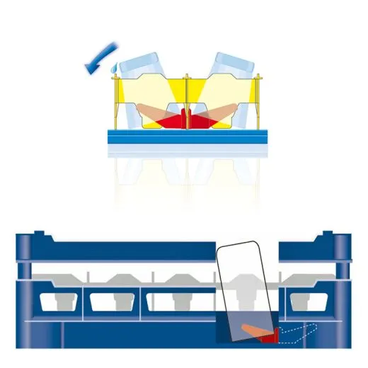 Anwendungsgrafik mit Seitenansicht des Gl�serkorbs Typ-F aus dem FriesRack System, Korbgr��e 50x50 cm, ideal f�r sicheren Transport und effiziente Aufbewahrung von Gl�sern