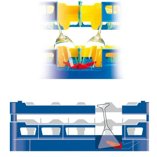 Anwendungsgrafik mit Seitenansicht des Gl�serkorbs Typ-F2 aus dem FriesRack System, Korbgr��e 50x50 cm, ideal f�r sicheren Transport und effiziente Aufbewahrung von Gl�sern