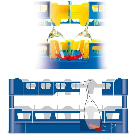Anwendungsgrafik mit Seitenansicht des Glserkorbs Typ-G aus dem FriesRack System, Korbgre 50x50 cm, ideal fr sicheren Transport und effiziente Aufbewahrung von Glsern