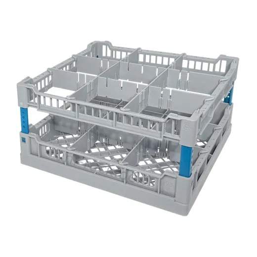 FriesRack System 400 mit Glserkorb LB-3x3 fr 9 Glser, blaue Eckprofile. Farbe der Eckverbinder individuell whlbar. Geeignet fr professionelle Glsersplmaschinen mit Korbgre 40x40 cm.