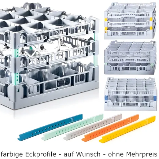 FriesRack Glserkorb 40x40 cm im System 400 mit farbigen Eckprofilen fr eine optimale Korblogistik. Die Farbkennzeichnung untersttzt klare Zuordnung und sorgt fr effizientere Ablufe in Splkche und Service.