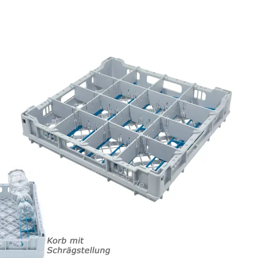 Schr�gsp�lrack mit Schr�gstellung f�r die Gl�serlogistik bei Event, Catering, Gala und Empfang. Gl�serkorb f�r 16 Gl�ser, Einschubbreite 390 mm, schonende Glasreinigung, FriesRack System 400 Typ LE-4x4