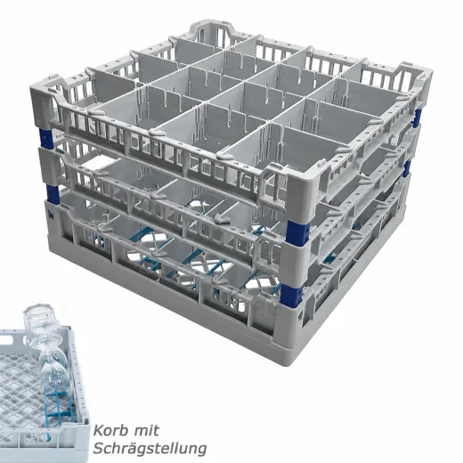 FriesRack Gl�serkorb Typ LH3-4x4 mit Schr�gstellung, 396 mm Einschubbreite und blauen Eckprofilen f�r 16 Gl�ser. Anwendungsbeispiel f�r die Gl�serlogistik in Hotels, Bars und der Eventgastronomie.