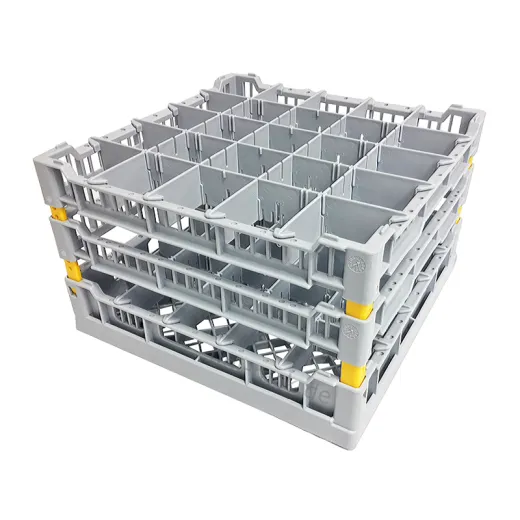 FriesRack System 400 mit Gl�serkorb LC-5x5 f�r 25 Gl�ser, gelbe Eckprofile. Farbe der Eckverbinder individuell w�hlbar. Geeignet f�r professionelle Gl�sersp�lmaschinen mit Korbgr��e 40x40 cm.