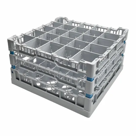FriesRack System 400 mit Gl�serkorb LC-5x5 f�r 25 Gl�ser, blaue Eckprofile. Farbe der Eckverbinder individuell w�hlbar. Geeignet f�r professionelle Gl�sersp�lmaschinen mit Korbgr��e 40x40 cm.