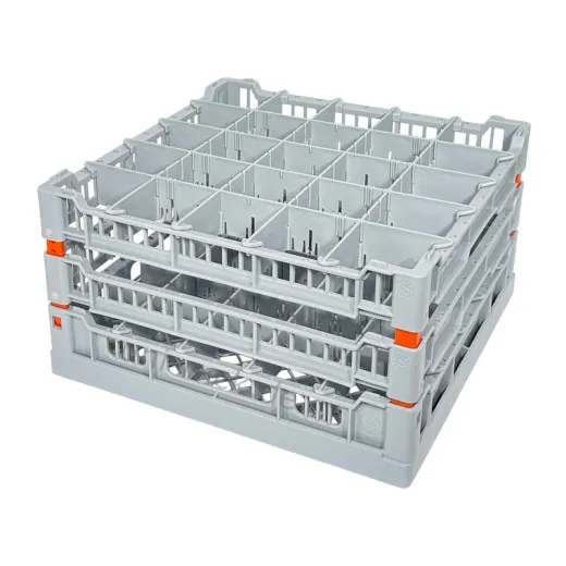 FriesRack System 400 mit Gl�serkorb LC-5x5 f�r 25 Gl�ser, orangene Eckprofile. Farbe der Eckverbinder individuell w�hlbar. Geeignet f�r professionelle Gl�sersp�lmaschinen mit Korbgr��e 40x40 cm.