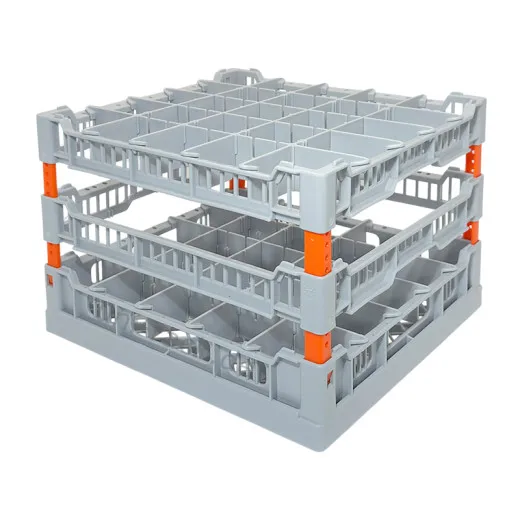 FriesRack System 400 mit Gl�serkorb LC-5x5 f�r 25 Gl�ser, orangene Eckprofile. Farbe der Eckverbinder individuell w�hlbar. Geeignet f�r professionelle Gl�sersp�lmaschinen mit Korbgr��e 40x40 cm.