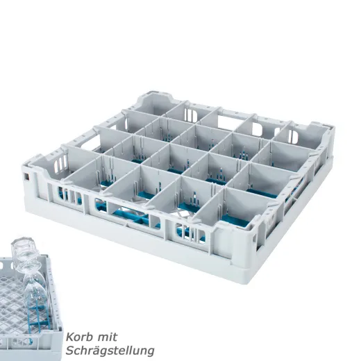 FriesRack Gl�serkorb LF-4x5, 40x40 cm, 20 F�cher, Schr�gstellung mit blauem Terrasseneinsatz f�r optimale Sp�lergebnisse, grau.
