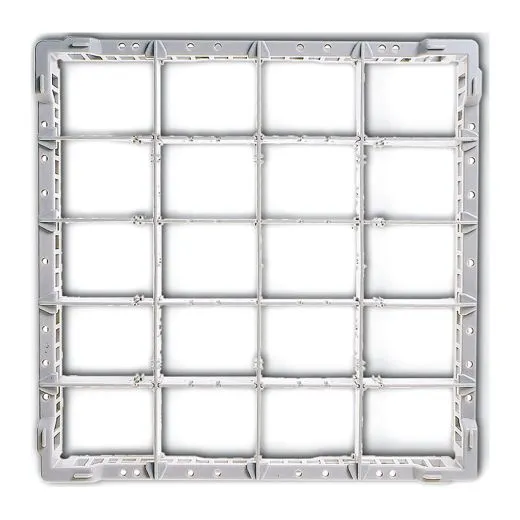 FriesRack System 400 Gl�serkorb Typ LG-4x5 in der Draufsicht. Die offene Gitterkonstruktion mit 20 F�chern in einer 4x5-Anordnung, Fachgr��e 88x68 mm, sorgt f�r optimale Wasserzirkulation und perfekte Sp�lergebnisse in gewerblichen Sp�lmaschinen.