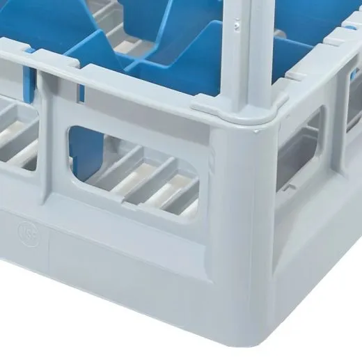Nahaufnahme der blauen Fachung und des unteren Korbs im grauen Fries Glserkorb 600x400 mm. Fr 24 Glser bis 170 mm Hhe und 87 mm Durchmesser geeignet.