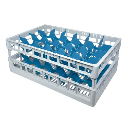 Grauer Gl�serkorb Typ M-4x6 aus dem FriesRack System 600 mit grauem Toprahmen. Ma�e 600x400 mm, f�r 24 Gl�ser bis 200 mm H�he, Fachgr��e 88x91 mm. Stapelbar, Euro-Paletten-kompatibel (120x80), passend f�r B�cker- und Fleischerkisten. Optimal f�r Logistik