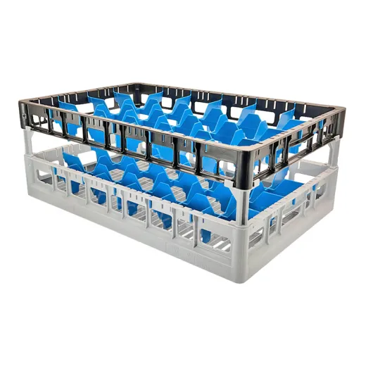 Grauer Gl�serkorb Typ M-4x6 aus dem FriesRack System 600 mit schwarzem Toprahmen. Ma�e 600x400 mm, f�r 24 Gl�ser bis 200 mm H�he, Fachgr��e 88x91 mm. Stapelbar, passend f�r Euro-Paletten 120x80, kompatibel mit B�cker- und Fleischerkisten. Ideal f�r Logist