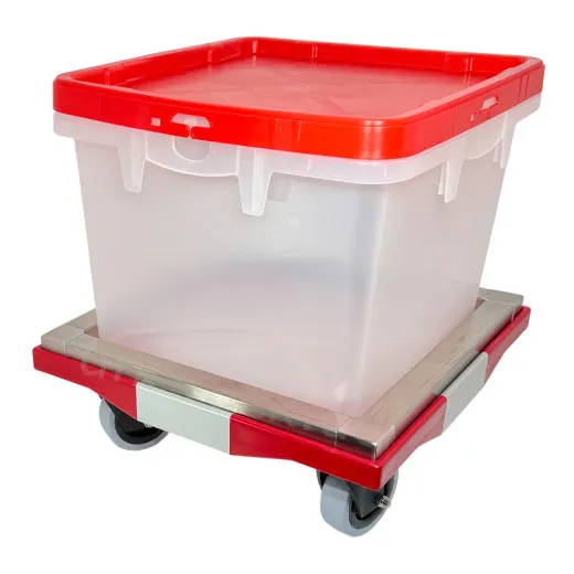 Edelstahl-Einlegerahmen (1.4301) im Fries Rolli ROL 400 mit eingesetzter BOX. Fr sicheren Halt und besseres Handling beim Transport. Mae: 419 x 419 x 35 mm.