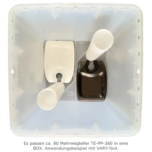 Draufsicht: Mehrwegteller Eventplate wei� und schwarz in transparenter BOX mit VARY-Tool, ca. 80 Stck.