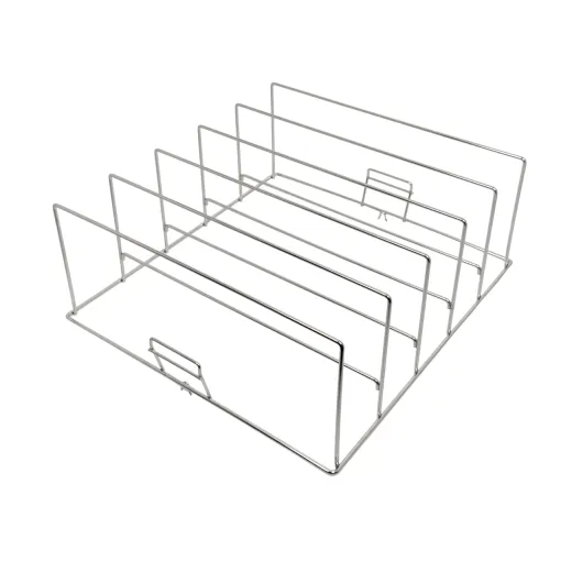 Edelstahl-Warmhalteeinsatz WHT-5 f�r 5 Tabletts, Schr�gansicht. Edelstahl Drahtgestell mit 5 senkrechten Trennstegen und je einem Tabletthalter pro Fach. Kompatibel mit FriesRack Grundk�rben Typ NK und NKT.