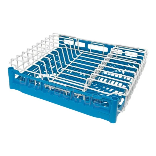 Fries Grundkorb blau - 50x50 cm - Typ NKT2, 2-fach ausgeschnitten. Anwendungsbeispiel mit eingesetztem Tablett-Einsatz fr GN 1/1 Tabletts, optimal fr gewerbliche Splmaschinen.