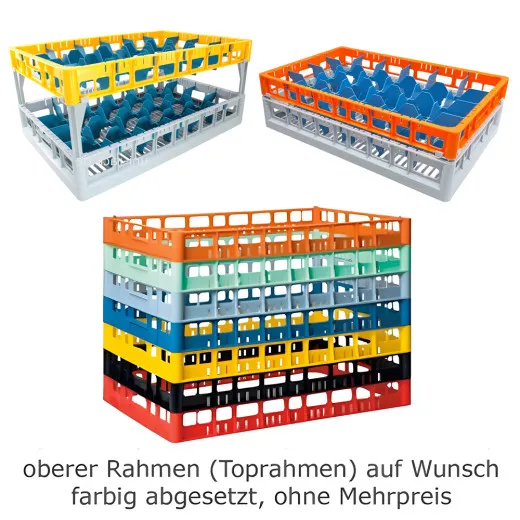 Beispiel fr hochwertige Glserkrbe aus dem FriesRack System mit optional farblich abgesetzten Toprahmen - ideal fr Gastronomie, Hotels und Catering. Perfekt zur Organisation und schnellen Identifikation.