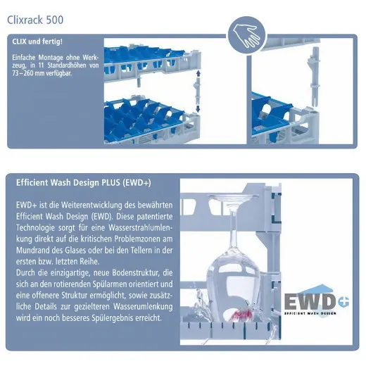 Beschreibung des Fries Clixrack 500 Systems: Werkzeuglose Montage in 12 Hhen und EWD+ fr perfekte Splergebnisse - ideal fr Gastronomie!