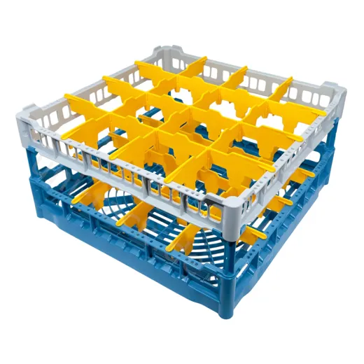 FriesRack Gl�serkorb 50x50 cm - Typ OH-4x4 - stabiles, blaues Gl�serrack f�r 16 Gl�ser mit grauem Toprahmen. Ideal f�r sicheren Glastransport, Sp�len und Einsatz in Catering, Hotel und Messegastronomie.