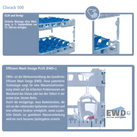 Beschreibung des Fries Clixrack 500 Systems: Werkzeuglose Montage in 12 H�hen und EWD+ f�r perfekte Sp�lergebnisse - ideal f�r Gastronomie!