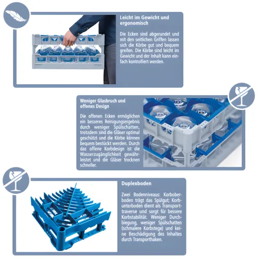 Vorteile der FriesRack Gl�serk�rbe im �berblick: ergonomisches Design, offener Aufbau f�r optimales Sp�lergebnis und weniger Glasbruch dank stabilem Duplexboden - ideal f�r Gastronomie und Catering!