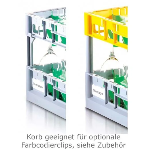 Beispiel f�r Fries Gl�serk�rbe mit optionalem Zubeh�r, wie farbigen Farbcodierclips, auch mit Beschriftung. Optimale Identifikation und bessere Organisation. Ideal f�r Gastronomie, Hotels und Catering!