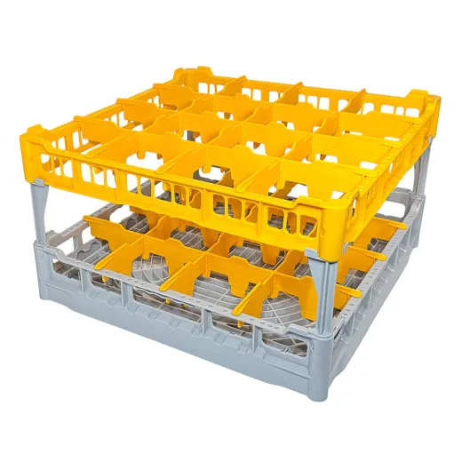 FriesRack Clixrack System 500 – Typ PH-4x4 – Glserkorb 50x50 cm in Grau mit gelbem Toprahmen. Passend fr groe Kelchglser wie Revolution Bordeaux oder Quatrophil Burgunder. Ideal fr professionelle Glserlogistik in Gastronomie und Eventber