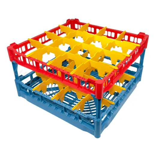 FriesRack Gl�serkorb 50x50 cm PH-4x4, stabiles blaues Gl�serrack f�r 16 Gl�ser mit rotem Toprahmen, Farben individuell w�hlbar. Ideal f�r sicheren Glastransport, Sp�len und Einsatz in Catering, Hotel, Gala und Messegastronomie. Glash�he bis 245 mm.