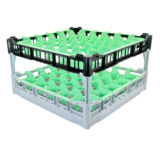 FriesRack Clixrack System 500 - Typ PH-6x6 - grauer Gläserkorb 50x50 cm mit schwarzem Toprahmen - Individuelle Farbwahl möglich FriesRack System 500 - Gläserkorb 50x50 cm PH-6x6 - stabiler grauer Korb mit grünem Toprahmen für sicheren Glastransport, perfekt für Gastronomie, Hotel und Catering.