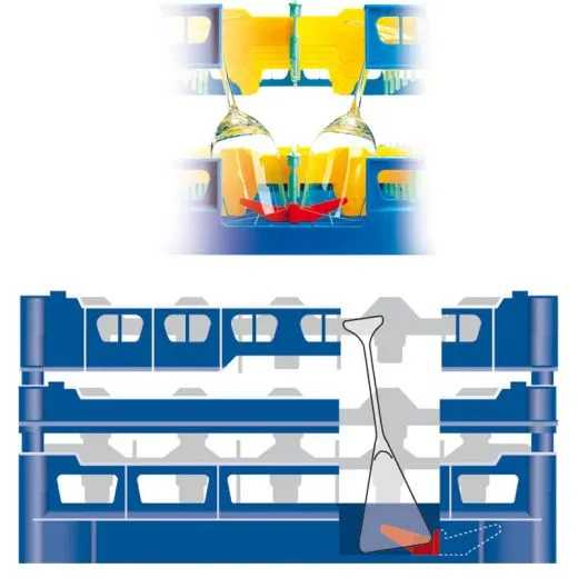 Anwendungsgrafik mit Seitenansicht des Gl�serkorbs Typ-H3 aus dem FriesRack System, Korbgr��e 50x50 cm, ideal f�r sicheren Transport und effiziente Aufbewahrung von Gl�sern