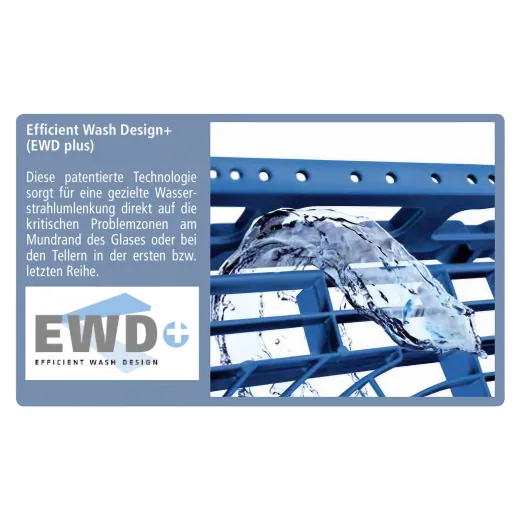 Efficient Wash Design PLUS (EWD+) - Weiterentwicklung des EWD-Systems mit patentierter Wasserstrahlumlenkung fr optimale Reinigung kritischer Bereiche. Die innovative Bodenstruktur und przisere Wasserfhrung sorgen fr optimale Splergebnisse