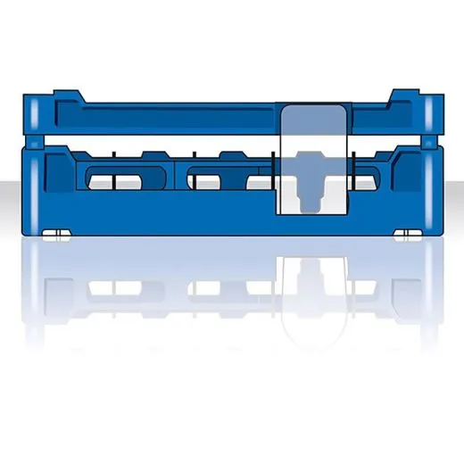 Anwendungsgrafik Seitenansicht Gläserkorb Typ-B - FriesRack System Anwendungsgrafik mit Seitenansicht des Gläserkorbs Typ-B aus dem FriesRack System, Korbgröße 50x50 cm, ideal für sicheren Transport und effiziente Aufbewahrung von Gläsern