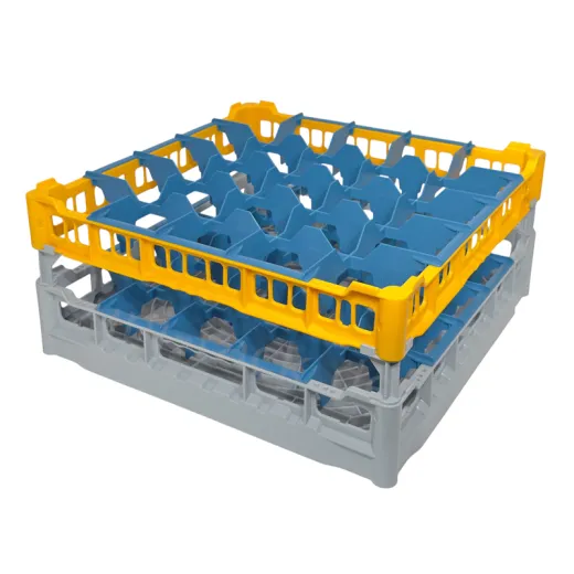 FriesRack Clixrack System 500 - Typ NH-5x5 - Grauer Gläserkorb 50x50 cm mit gelbem Toprahmen - Individuelle Farbwahl möglich FriesRack System 500 - Clixrack Gläserspülkorb mit Korbgröße 50x50 cm Typ NH-5x5 - stabiles graues Gläserrack mit gelbem Toprahmen für sicheren Glastransport, perfekt für Gastronomie und Catering.