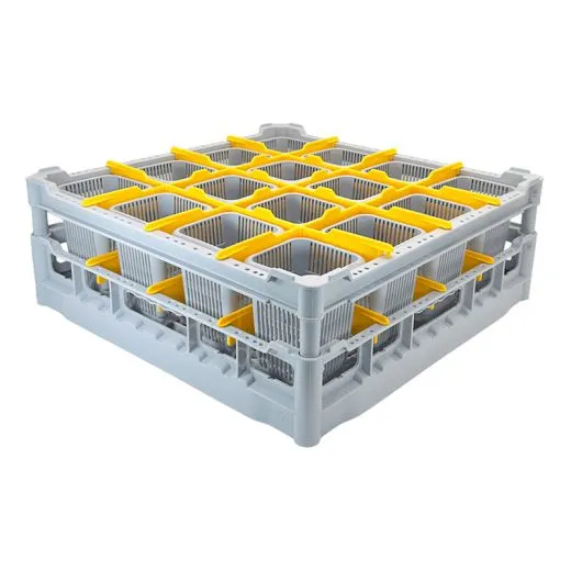 Grauer Profi-Besteckkorb BK-4x4-CBS mit einem Korbma von 500x500 mm. Ausgestattet mit 16 grauen, lebensmittelechten Besteckbehltern Typ CBS, ideal fr das hygienische Splen von senkrecht stehenden Besteckteilen. Perfekt fr den Einsatz in Gastronomie,