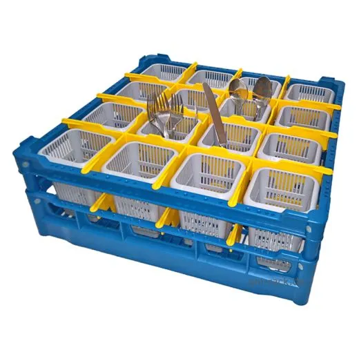 Blauer Profi-Besteckkorb BK-4x4-CBS mit einem Korbma von 500x500 mm. Ausgestattet mit 16 grauen, lebensmittelechten Besteckbehltern Typ CBS, ideal fr das hygienische Splen von senkrecht stehenden Besteckteilen. Perfekt fr den Einsatz in Gastronomie,